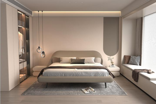 Elegantes Bett Grau Kurvendesign Polster  Minimalistisch Schlafzimmer Bett