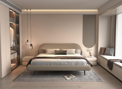 Elegantes Bett Grau Kurvendesign Polster  Minimalistisch Schlafzimmer Bett