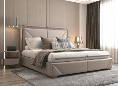 Luxus Bettgestell Modernes Design Beige mit Goldakzenten und Stilvollem Kopfteil