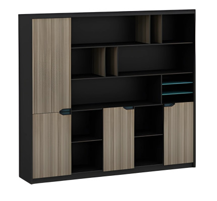 Büroschrank Regalwand Holzoptik Braun Schwarz Modern Türen Fächer Ordner Blau