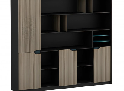 Büroschrank Regalwand Holzoptik Braun Schwarz Modern Türen Fächer Ordner Blau