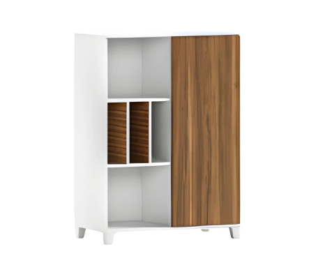 Moderner Stauraumschrank aus Holz und Weiß mit offenen Fächern und Türen elegant