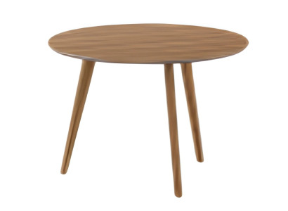 Moderner Couchtisch aus Holz mit runder Tischplatte und schlichten Holzbeinen