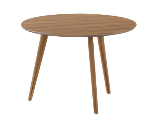 Moderner Couchtisch aus Holz mit runder Tischplatte und schlichten Holzbeinen