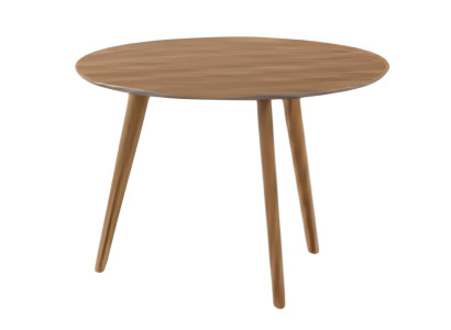 Moderner Couchtisch aus Holz mit runder Tischplatte und schlichten Holzbeinen