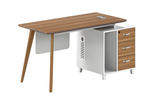 Moderner Schreibtisch aus Holz und Weiß mit Stauraum und eleganten Holzbeinen