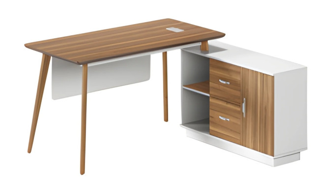 Schreibtisch aus Holz und Weiß mit Stauraum, elegantes Design und schlanke Beine