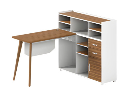 Schreibtisch aus Holz und Weiß mit Stauraum offenen Fächern und eleganten Beinen