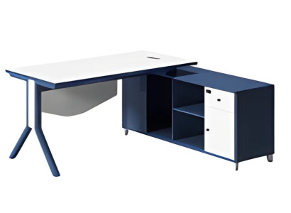 Stilvoller Schreibtisch mit weißer Arbeitsfläche blauer integriertem Stauraum