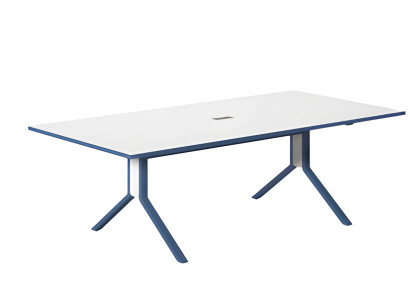 Moderner Konferenztisch mit weißer Oberfläche und blauen elegantes Design