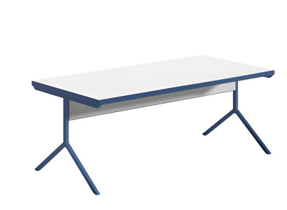 Moderner Schreibtisch mit weißer Oberfläche blauer Metallbasis stilvolles Design
