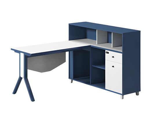 Schreibtisch in Blau und Weiß mit Stauraum offenen Regalen und eleganten Beinen