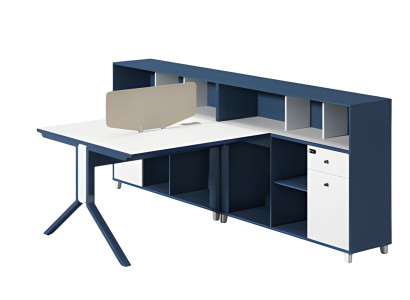 Moderne Schreibtischkombination in Blau und Weiß mit Trennwand und Stauraum