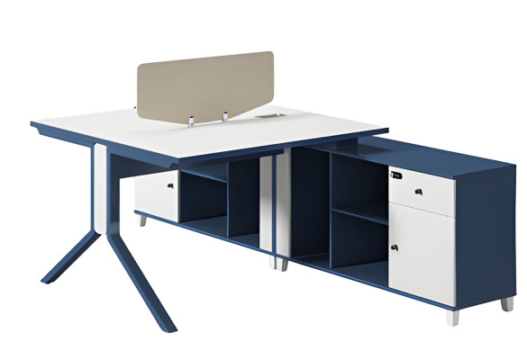 Schreibtisch in Blau und Weiß mit Trennwand Stauraum und modernen Metallbeinen