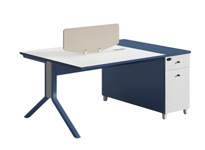 Schreibtisch in Blau und Weiß mit funktionalem Stauraum praktischer Trennwand