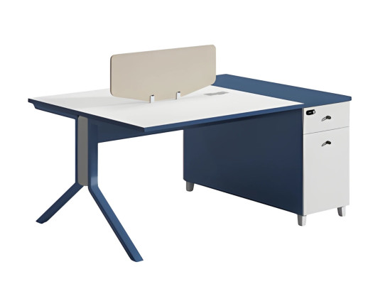 Schreibtisch in Blau und Weiß mit funktionalem Stauraum praktischer Trennwand