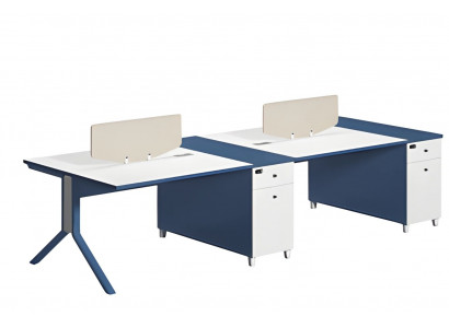 Bürotisch Doppelarbeitsplatz Blau Weiß mit Trennwand Modernes Design für Büro
