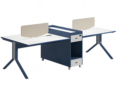 Blauer Bürotisch Doppelarbeitsplatz mit Trennwand und Stauraum für modernes Büro