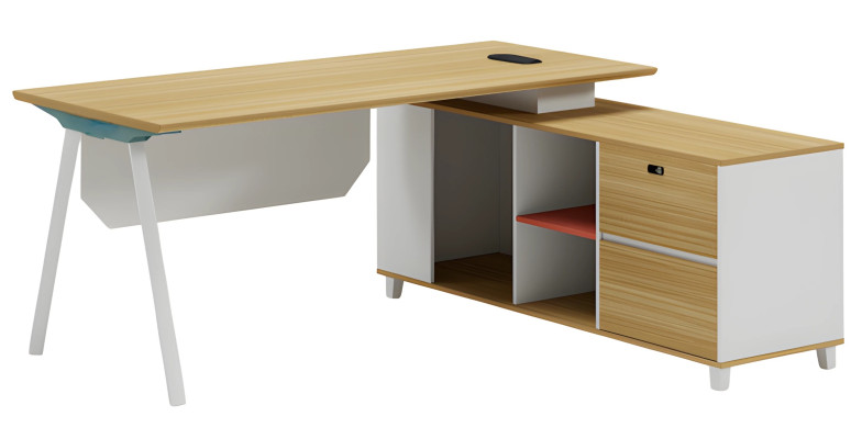 Moderner Bürotisch mit Stauraum und weißem Design Holzoptik und Ablagefach