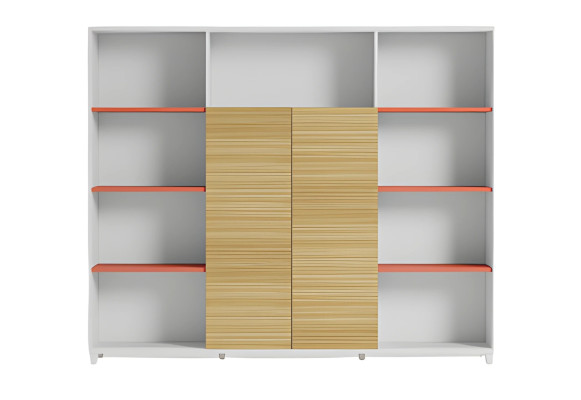 Büroschrank mit Holzregalen und orangefarbenen Akzenten stilvolle Aufbewahrung