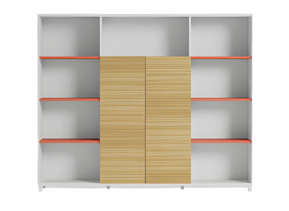 Büroschrank mit Holzregalen und orangefarbenen Akzenten stilvolle Aufbewahrung