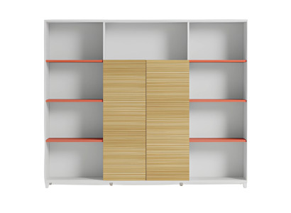Büroschrank mit Holzregalen und orangefarbenen Akzenten stilvolle Aufbewahrung