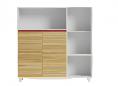 Büroschrank mit Holzregalen und rotem Akzent stilvolle Aufbewahrungslösung