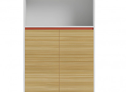 Moderner Büroschrank mit Holzregalen und rotem Akzent für elegantes Design