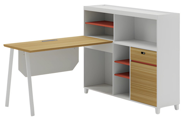 Schreibtisch Winkeltisch Modern Holzoptik Weiß Natur Stauraum Regale Orange