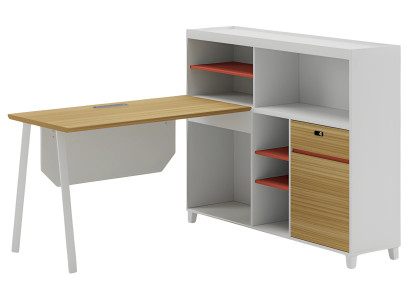 Schreibtisch Winkeltisch Modern Holzoptik Weiß Natur Stauraum Regale Orange