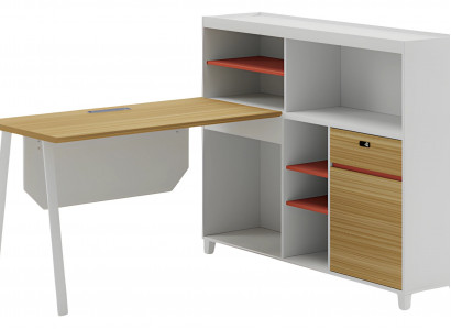 Schreibtisch Winkeltisch Modern Holzoptik Weiß Natur Stauraum Regale Orange