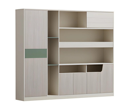Büroschrank Aktenschrank Regal Modern Beige Grau Türen Fächer Glas Akzent offen