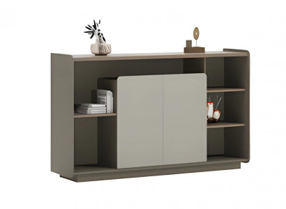 Elegantes Sideboard in Beige-Grau mit modernen Regalen und geschlossenen Fächern