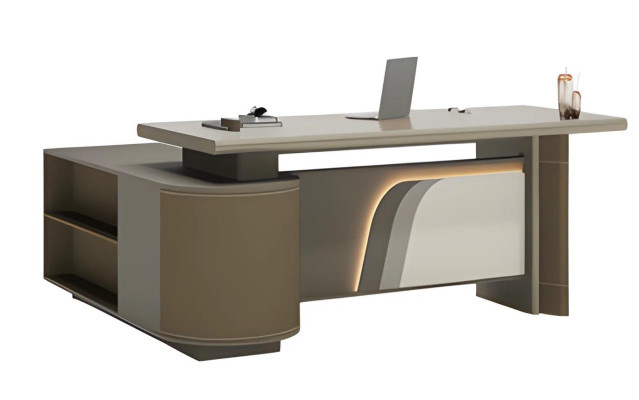 Moderner Schreibtisch Braun und Beige mit LED Beleuchtung für Büro Home Office
