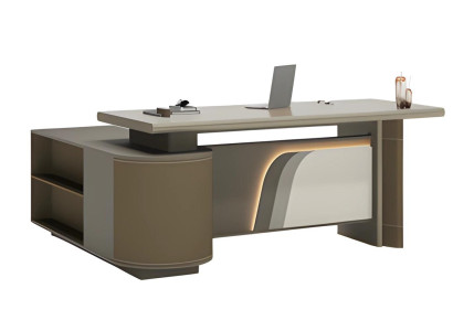 Moderner Schreibtisch Braun und Beige mit LED Beleuchtung für Büro Home Office