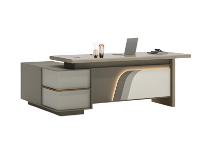 Schreibtisch Beige und Braun mit LED Beleuchtung und Schubladen für Bürodesign