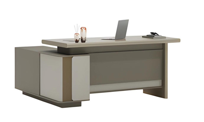 Moderner Schreibtisch Beige und Grau mit Schubladen und LED Beleuchtung für Büro