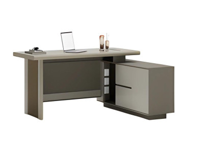 Schreibtisch Grau und Beige mit Schubladen und Ablagefächern Büroorganisation