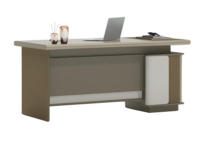Schreibtisch Beige und Grau mit Schubladen und Ablage für Bürodesign und Ordnung