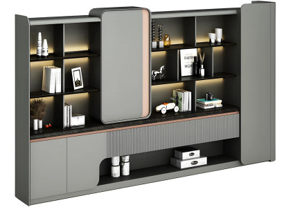 Modern Büroschrank Offene Regale LED Beleuchtung Schlichte Eleganz Graues Design
