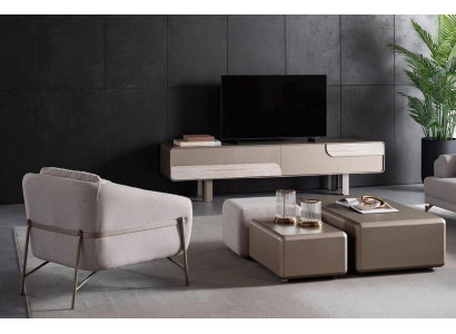 Moderner Wohnzimmer Möbelset Textil Beige Sessel TV-Lowboard