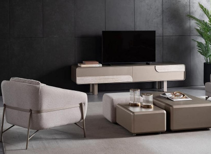Moderner Wohnzimmer Möbelset Textil Beige Sessel TV-Lowboard