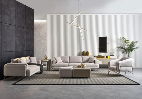 Modernes Wohnzimmer Set mit beigen Textilsofas, Couchtischen