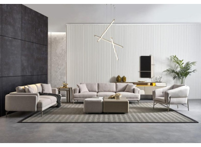 Modernes Wohnzimmer Set mit beigen Textilsofas, Couchtischen