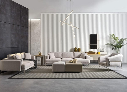 Modernes Wohnzimmer Set mit beigen Textilsofas, Couchtischen