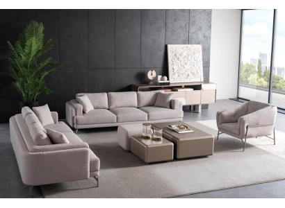 Wohnzimmer Möbelset aus Textil in Beige mit modernen Sofas, Sessel
