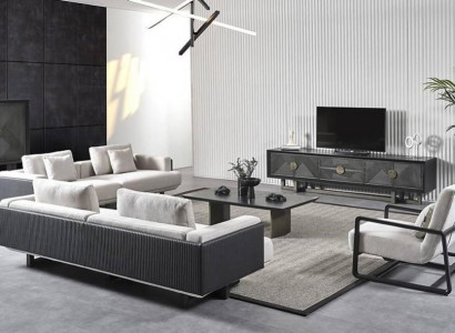 Moderner Wohnzimmermöbelset aus Holz in Braun mit Sofas, Sessel