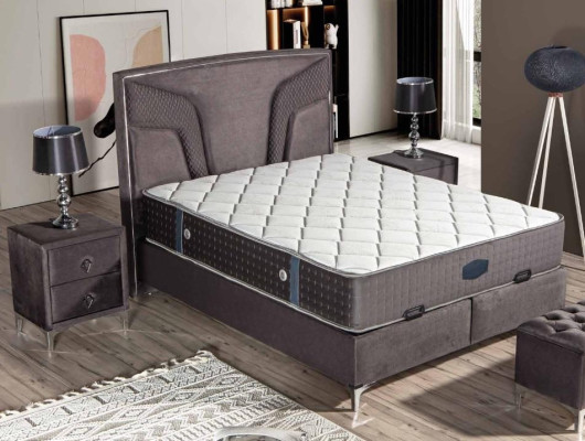 Elegantes schwarzes Bett mit Matratze aus Textil und Edelstahl