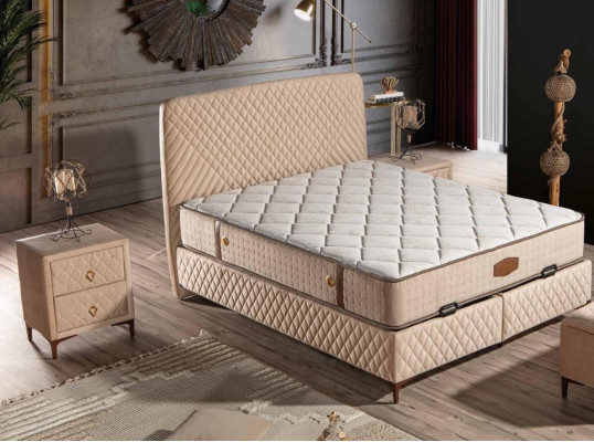 Beige Textil-Holz Bett mit Matratze modern und komfortabel