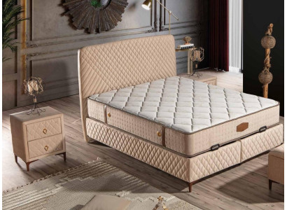 Beige Textil-Holz Bett mit Matratze modern und komfortabel